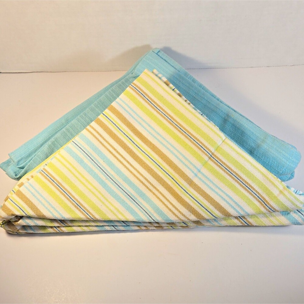 Set of 8 Reversible Striped Cotton Square Cloth Napkin Blue Green Brown 20x20